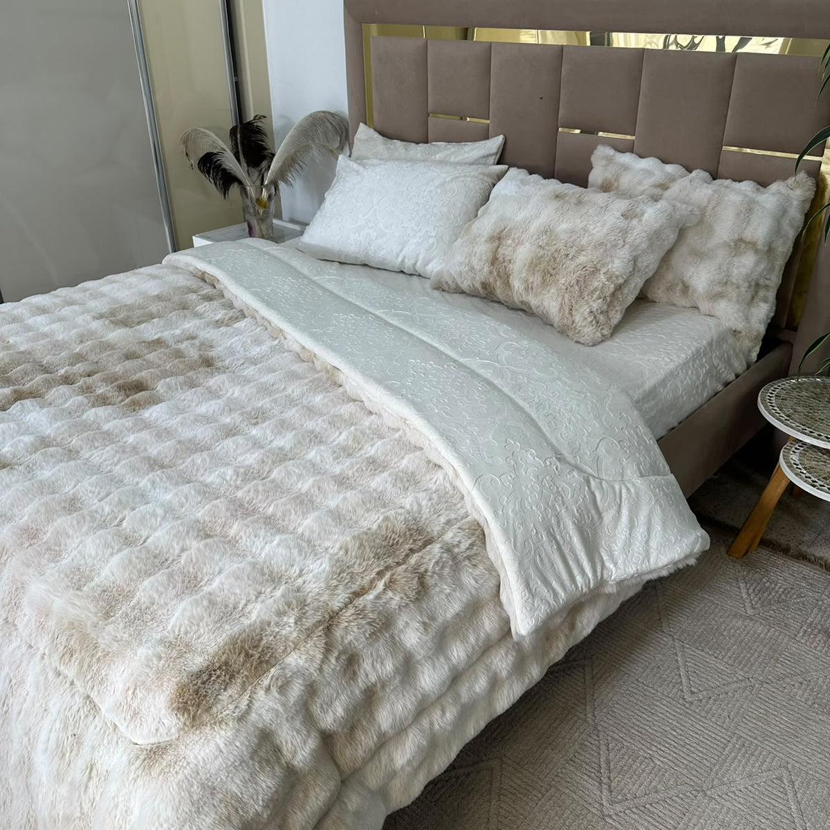 LUX -Ensemble Couette Double face en Fourrure Lapin - tigré blanc
