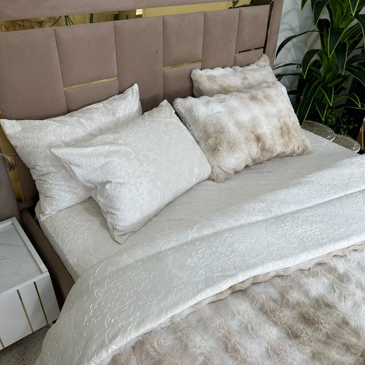 LUX -Ensemble Couette Double face en Fourrure Lapin - tigré blanc
