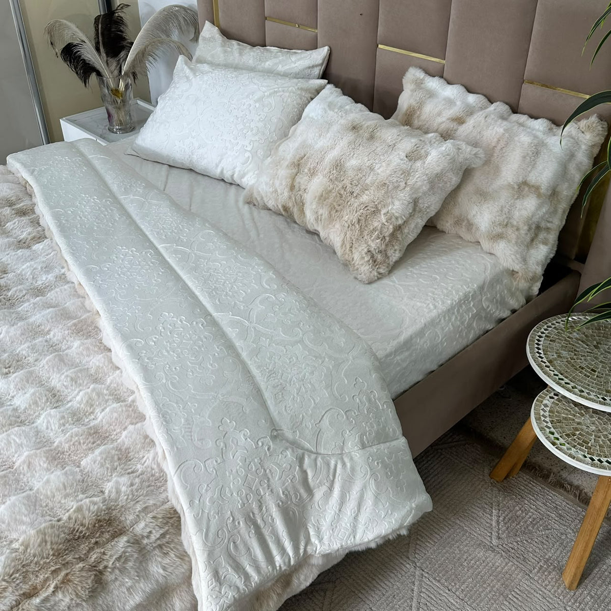 LUX -Ensemble Couette Double face en Fourrure Lapin - tigré blanc