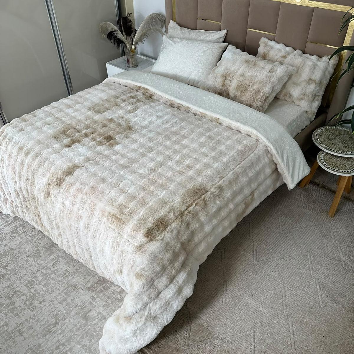 LUX -Ensemble Couette Double face en Fourrure Lapin - tigré blanc