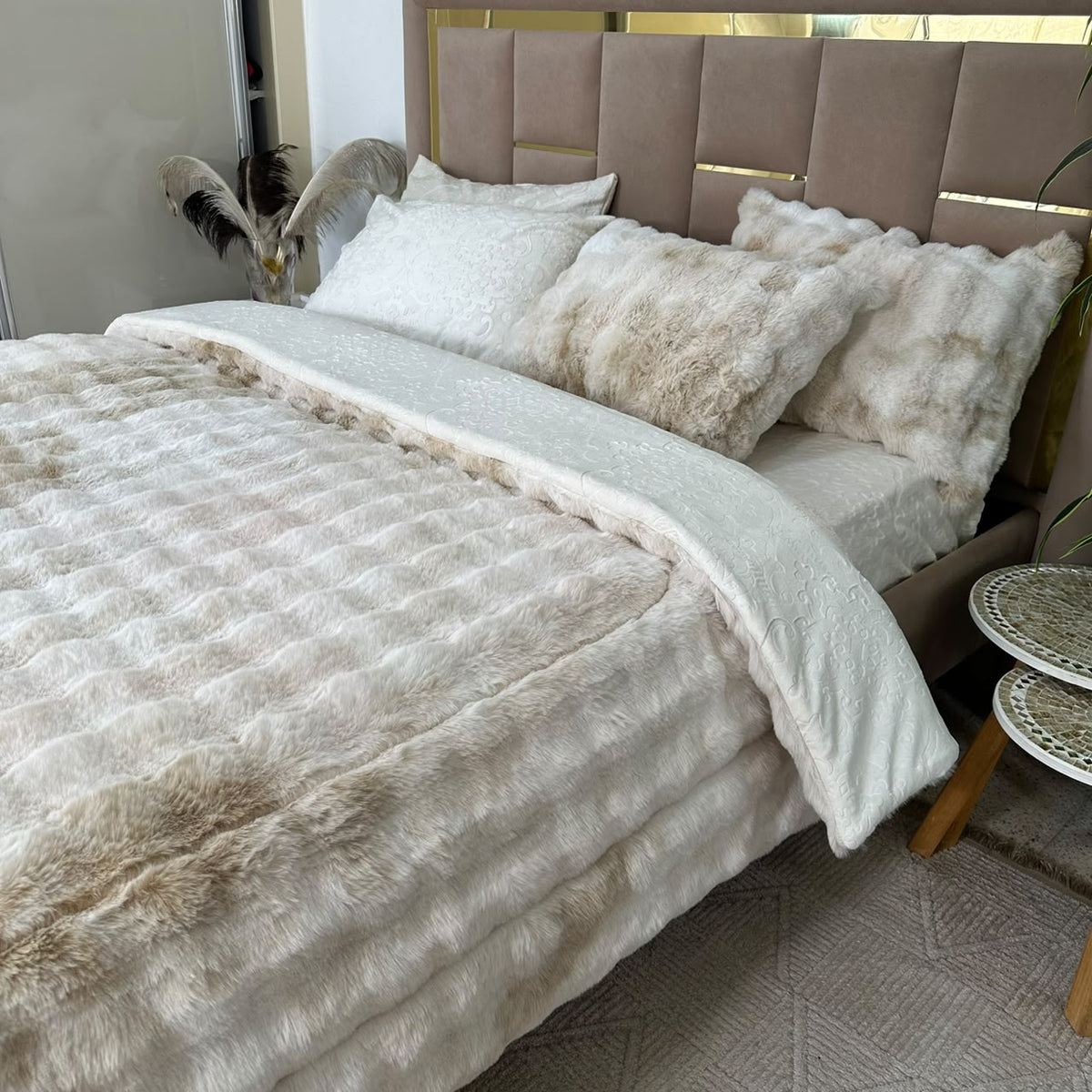 LUX -Ensemble Couette Double face en Fourrure Lapin - tigré blanc