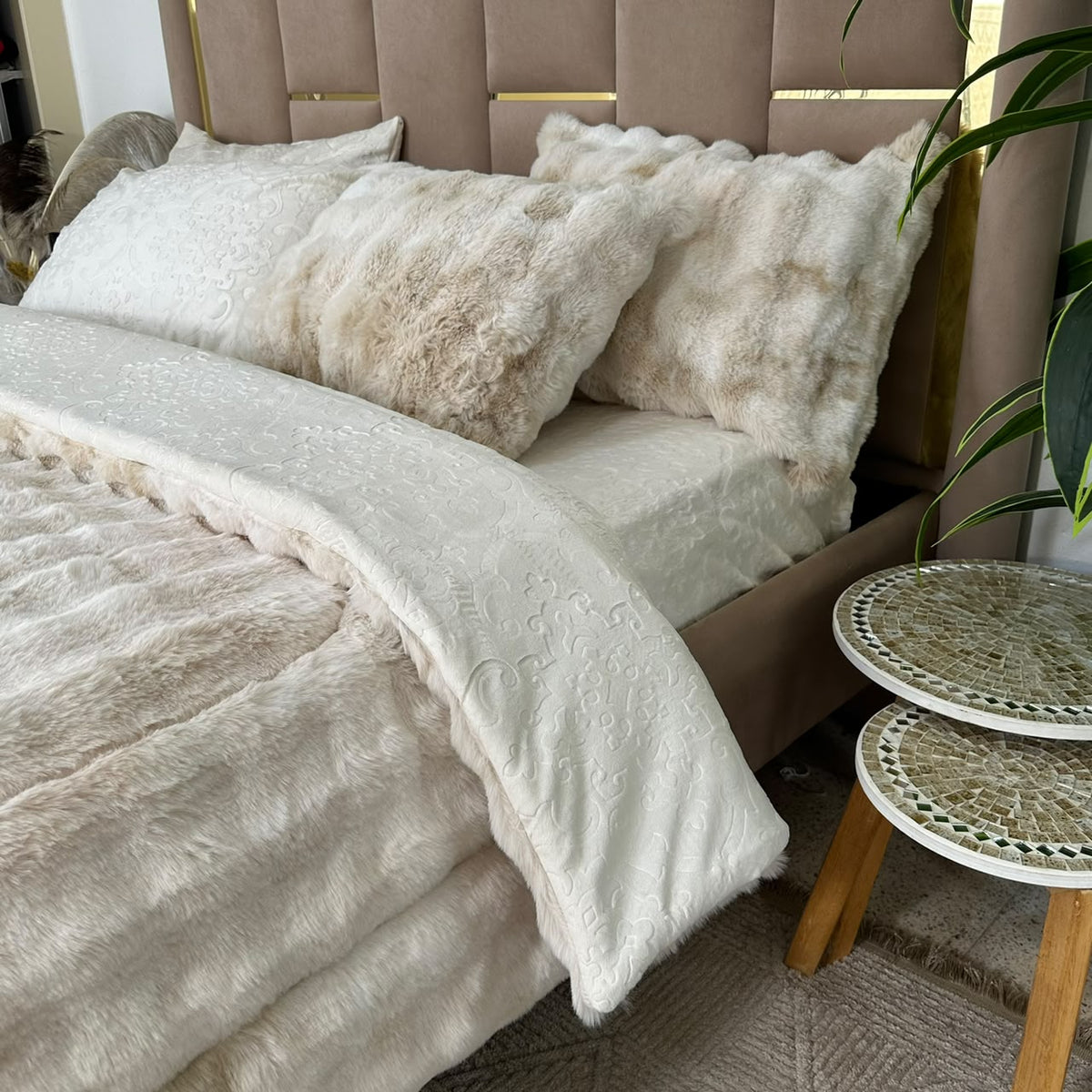 LUX -Ensemble Couette Double face en Fourrure Lapin - tigré blanc
