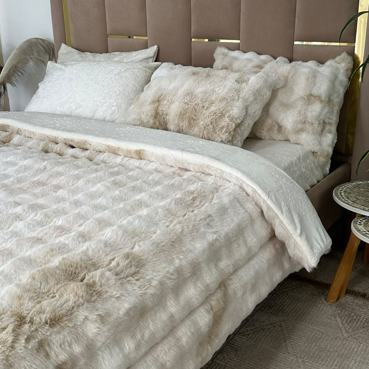LUX -Ensemble Couette Double face en Fourrure Lapin - tigré blanc