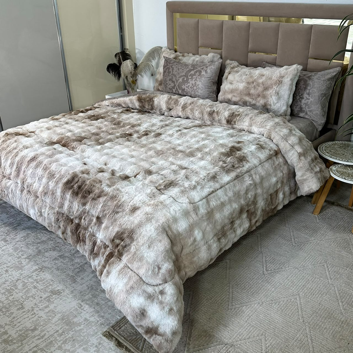 LUX -Ensemble Couette Double face en Fourrure Lapin - tigré greige