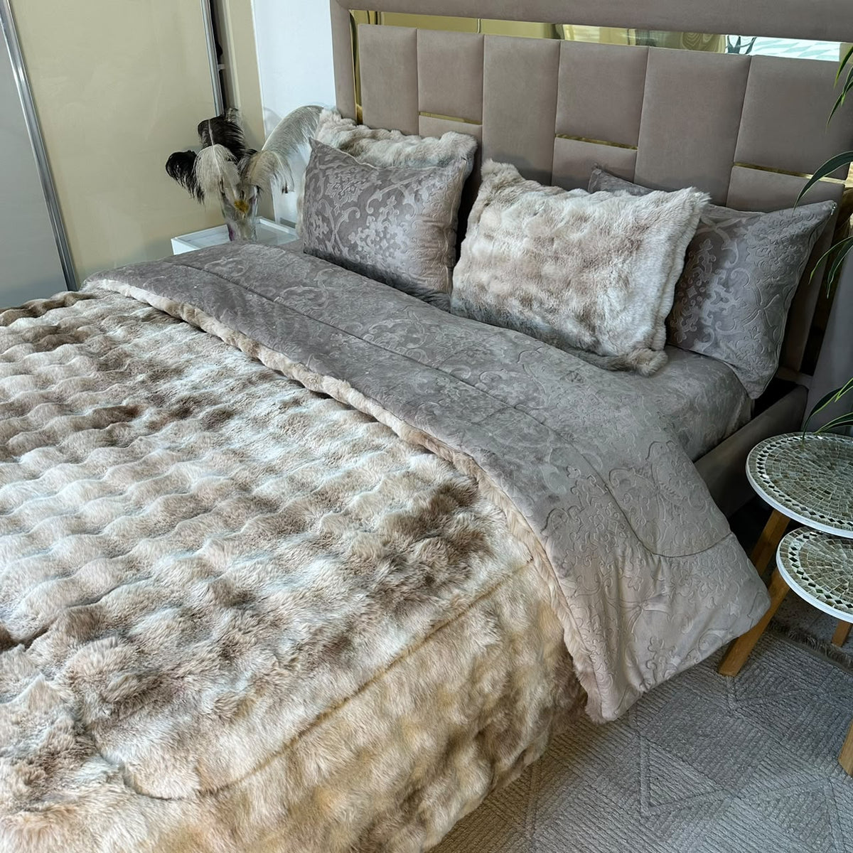 LUX -Ensemble Couette Double face en Fourrure Lapin - tigré greige