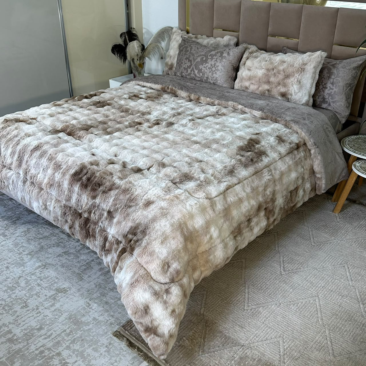 LUX -Ensemble Couette Double face en Fourrure Lapin - tigré greige