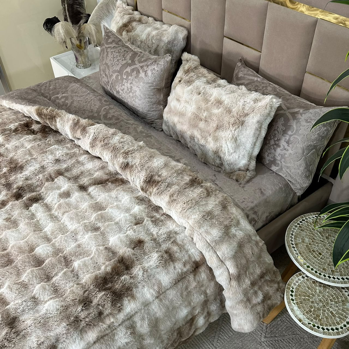 Ensemble Couette en Fourrure Lapin - Haut Qualité   King Size