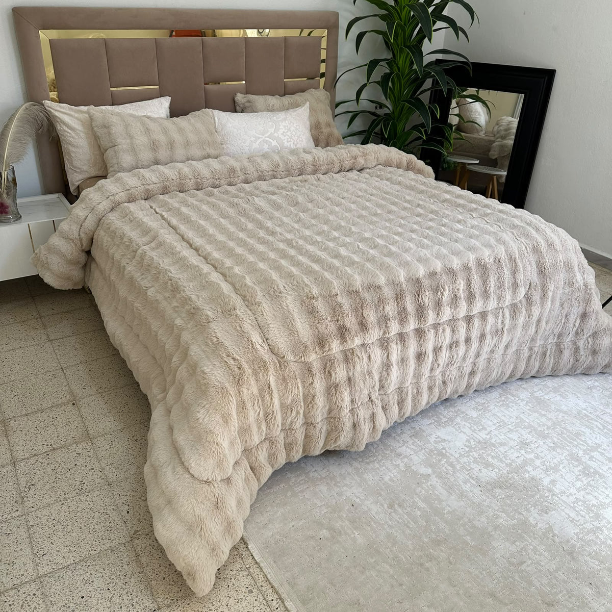 LUX -Ensemble Couette Double face en Fourrure Lapin - BEIGE