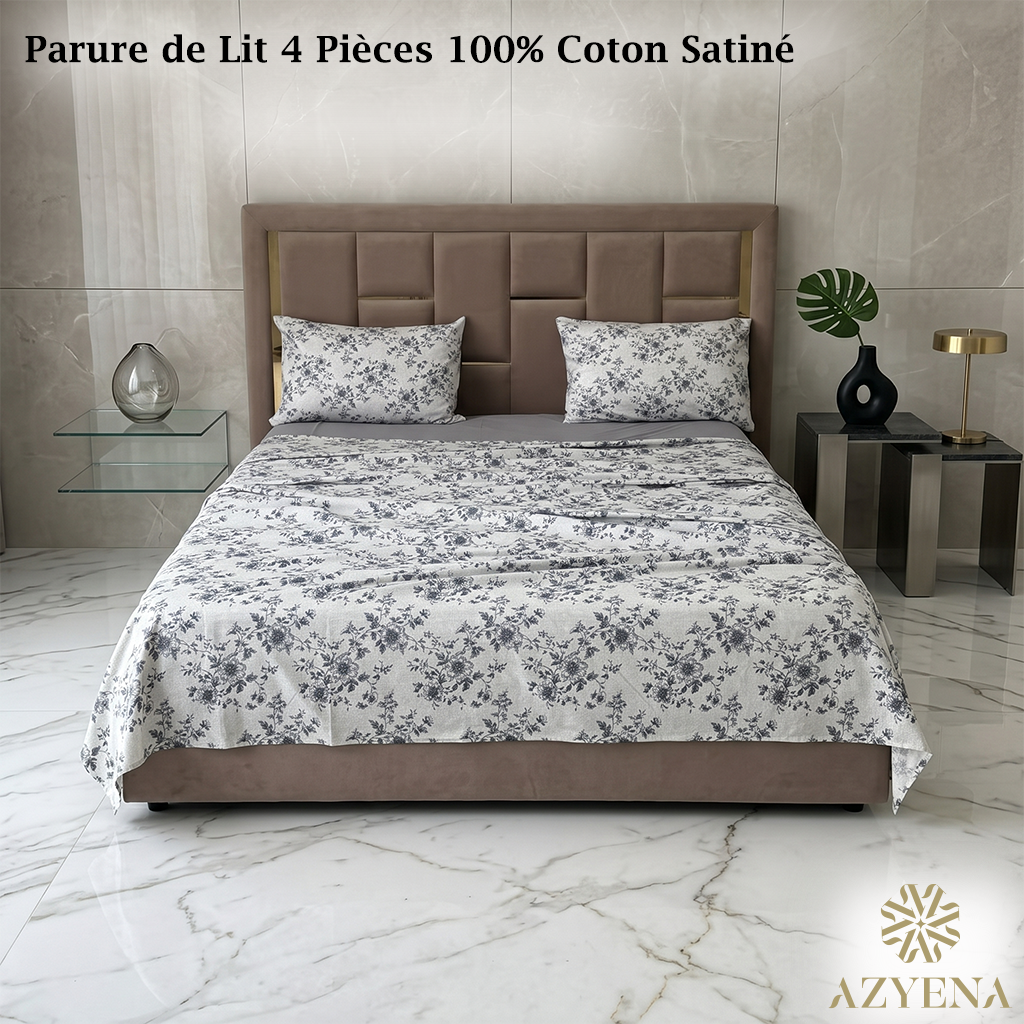 Parure de Lit 4 pièces  100% Coton Satiné Qualité Supérieure