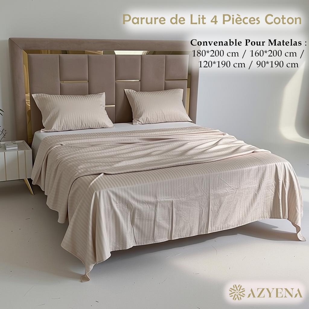 Parure de Lit 4 pièces en coton microfibre de qualité supérieure - Beige Clair