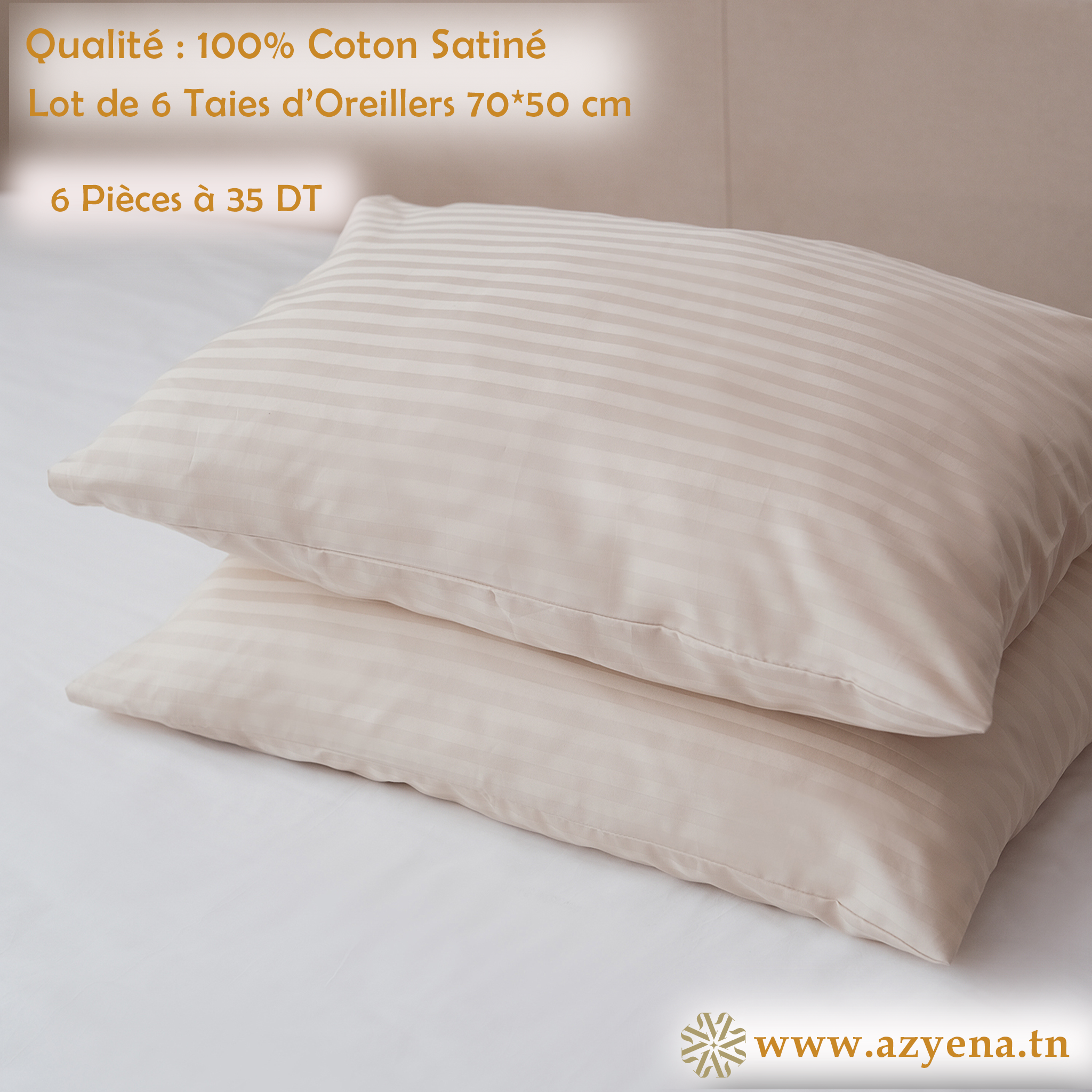Lot de 6 Taies d'Oreiller en Satin de Coton 50*70 cm - Beige Claire