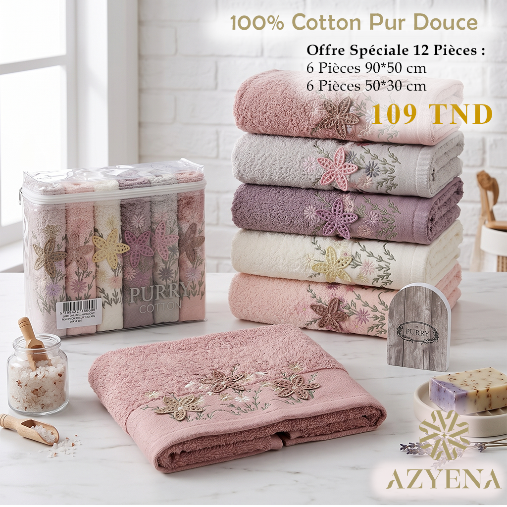 Offre Spéciale 12 Serviettes de Bain Coton 90*50 cm / 50*30 cm