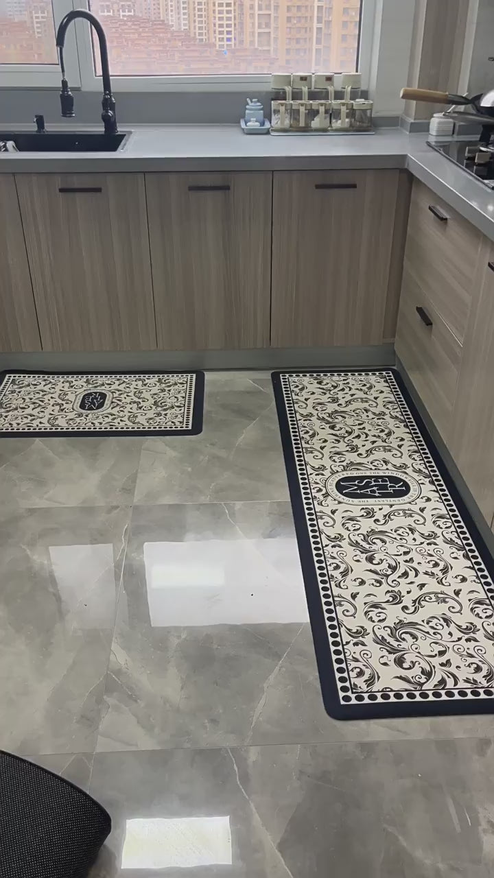 Charger la vidéo : Ensemble 2 Tapis de Cuisine Moderne Absorbante antidérapantes