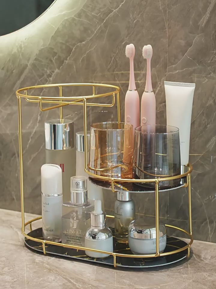 Charger la vidéo : Organisateur de Maquillage &amp; Cosmétiques Luxury – Design Marbre et Doré à 3 Niveaux