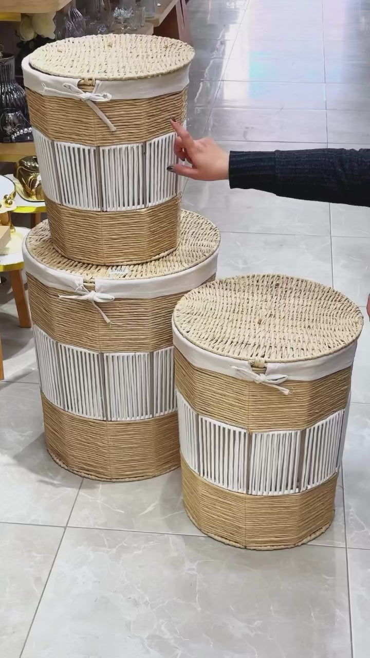 Charger la vidéo : Trio de Paniers à Linge Artisanaux - Style Bohème Chic