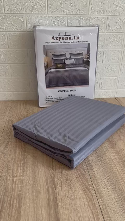 Charger la vidéo : Parure de Lit 4 Pièces Coton 2 Places – GRIS