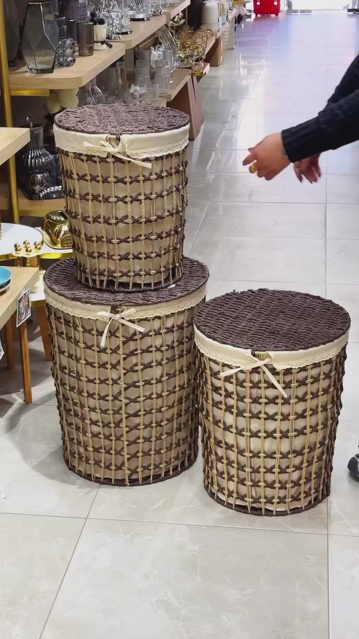 Charger la vidéo : Trio de Paniers à Linge Artisanaux - Style Bohème Chic