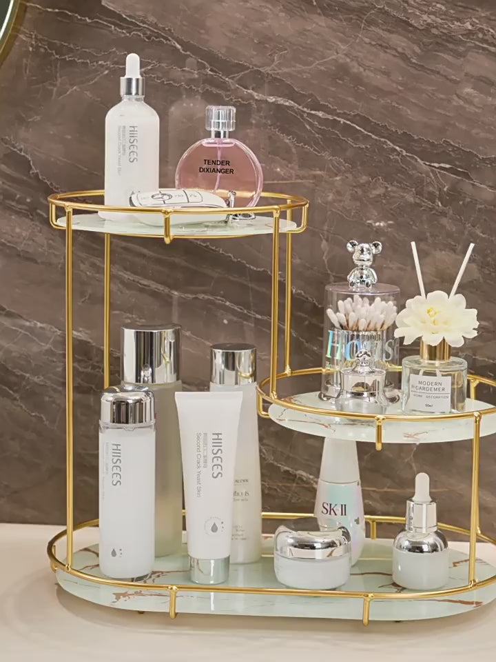 Charger la vidéo : Organisateur de Maquillage &amp; Cosmétiques Luxury – Design Marbre et Doré à 3 Niveaux