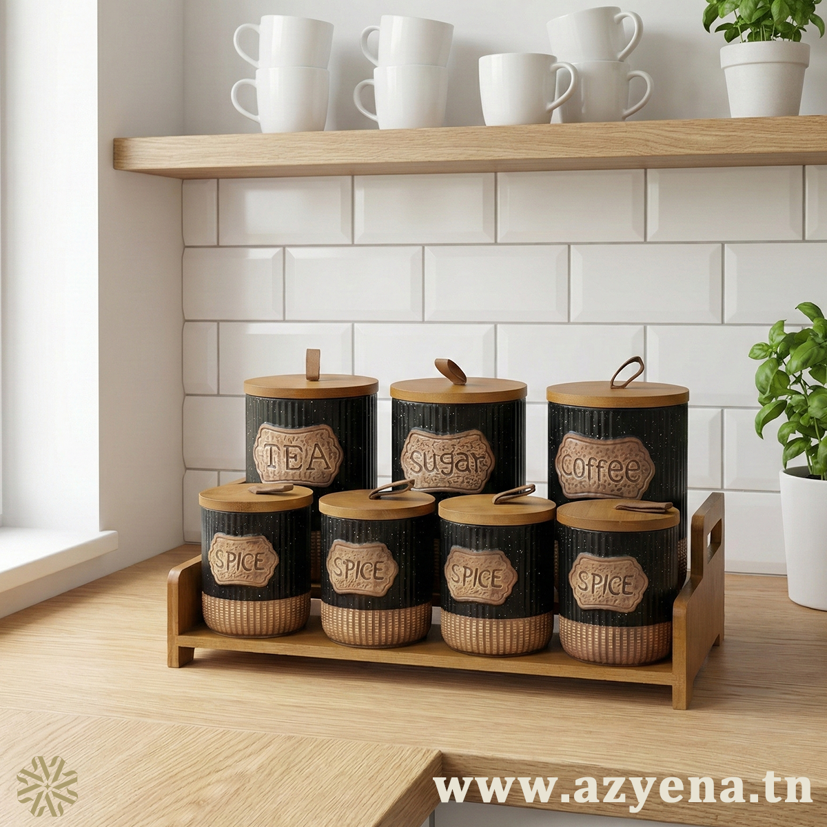 Porte Épices en Céramique avec Support Bois – 7 Pots