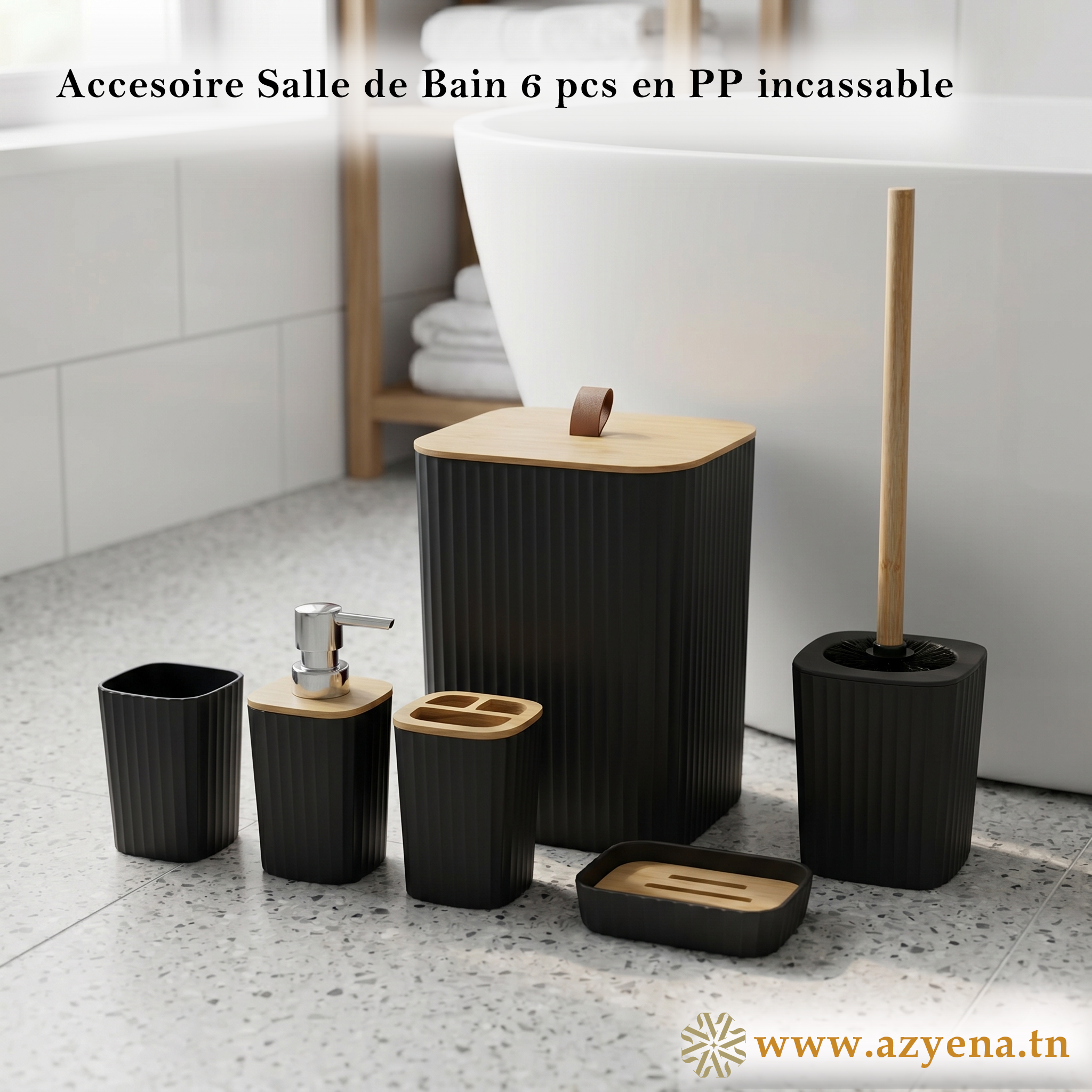 Set d'Accessoires de Salle de Bain 6 en 1 incassable - Noir